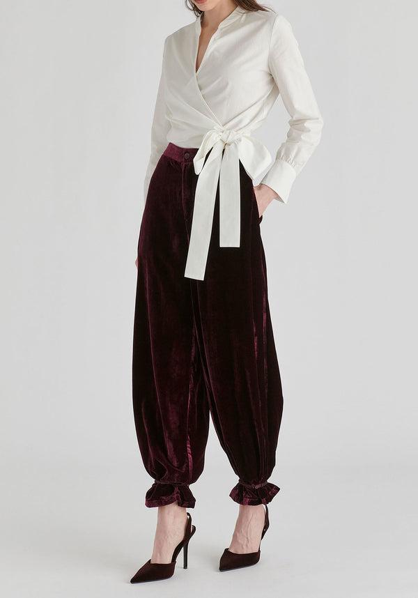 Split Collarless Wrap Top with Side-Tie Waist