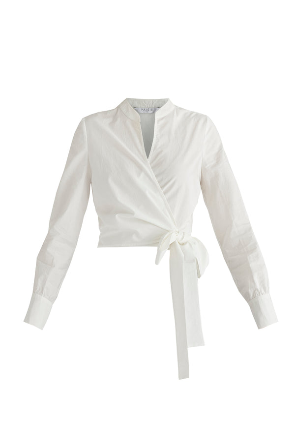 Split Collarless Wrap Top with Side-Tie Waist