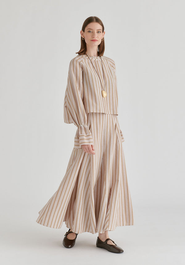 Ruffle Round Neck Blouse with Cinch Wrist Detail in Stripes