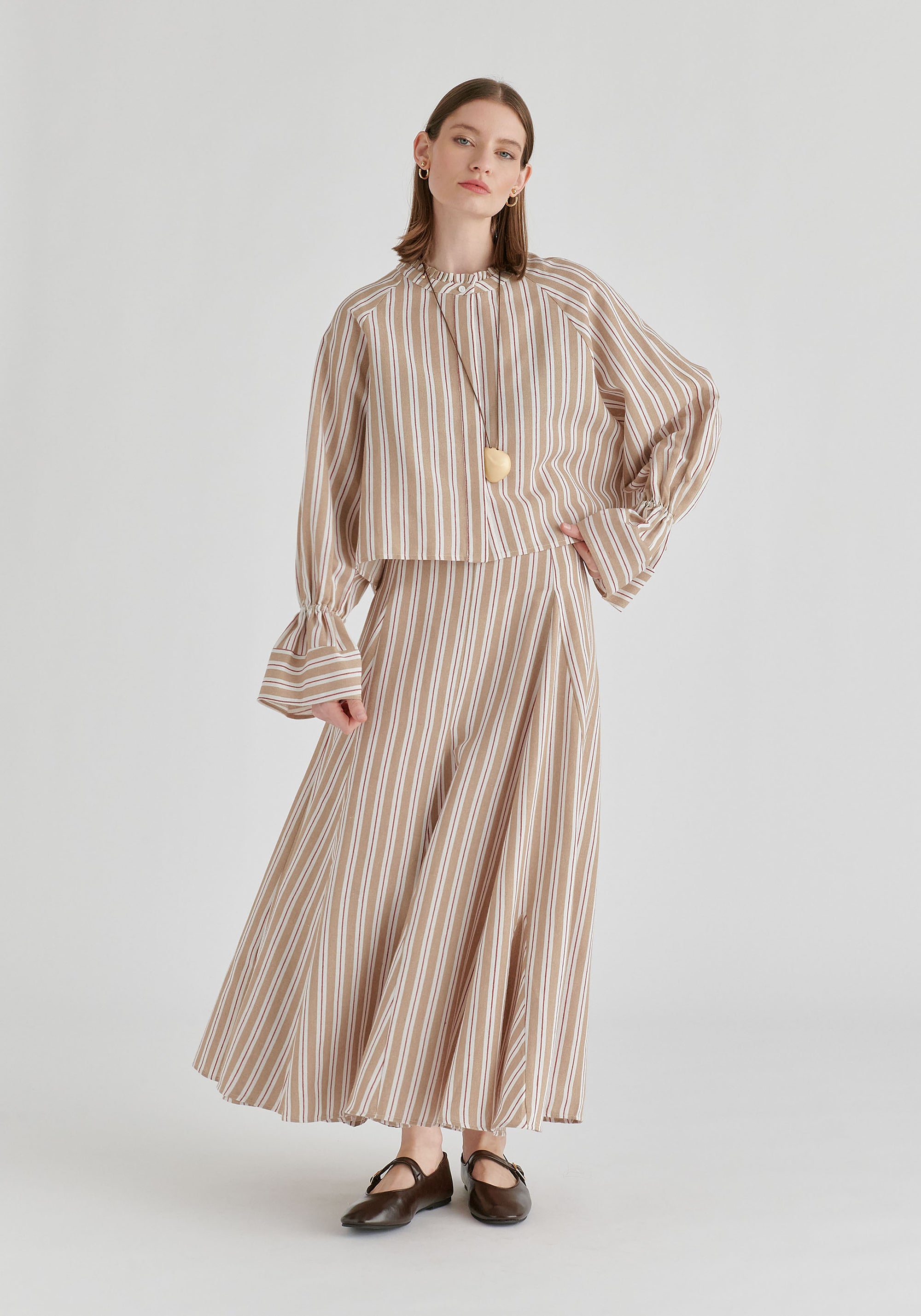 Ruffle Round Neck Blouse with Cinch Wrist Detail in Stripes