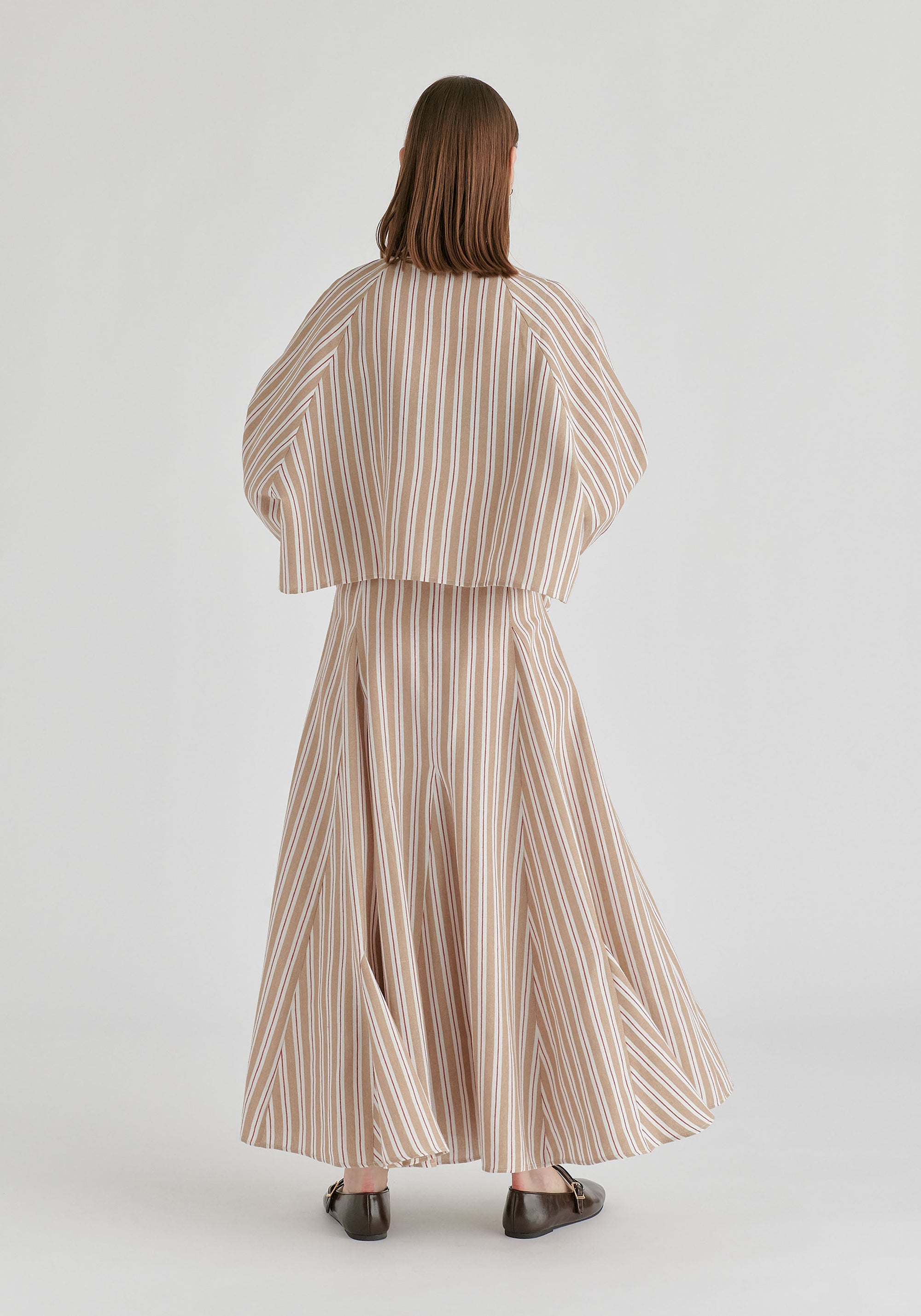 Ruffle Round Neck Blouse with Cinch Wrist Detail in Stripes