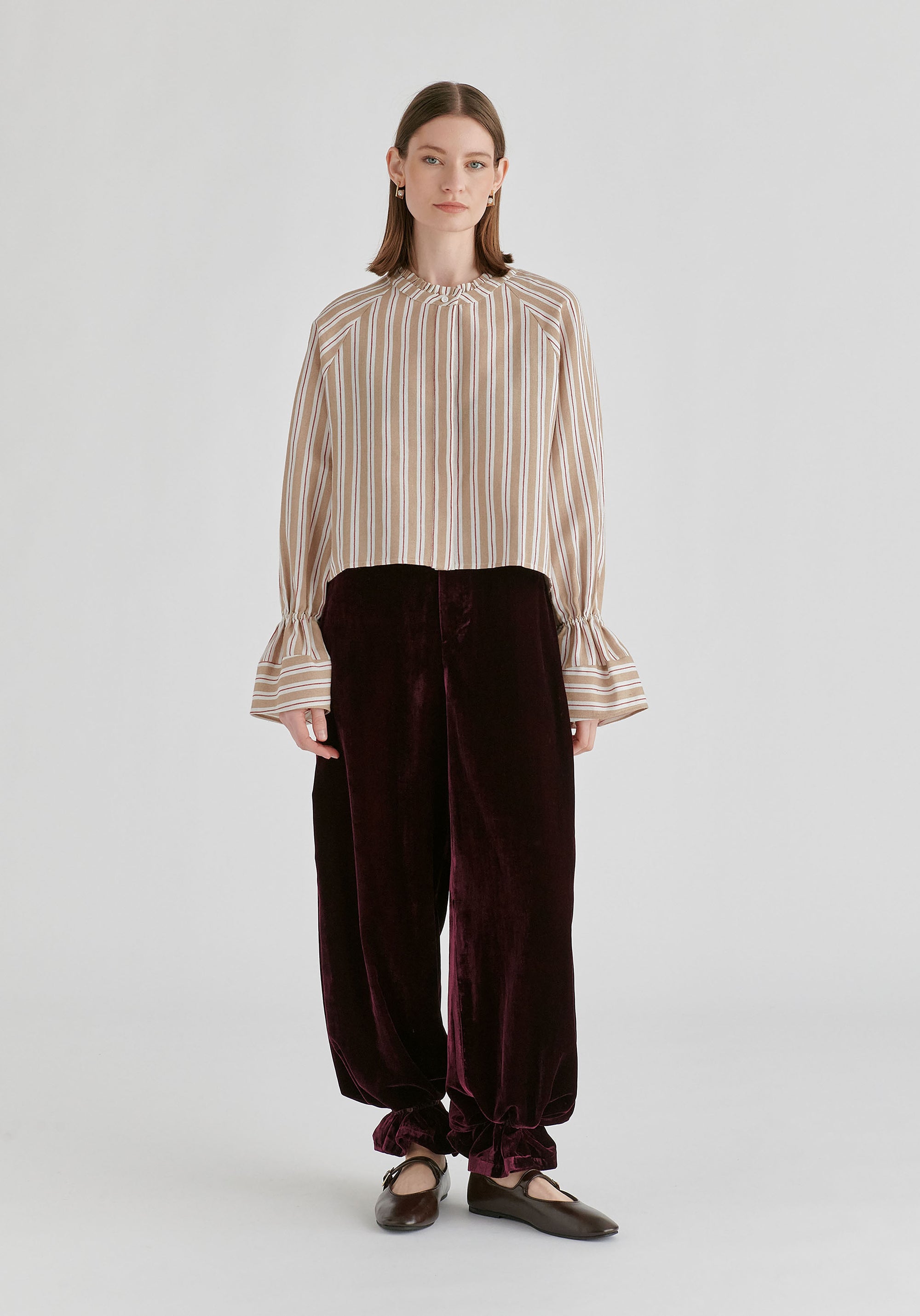 Ruffle Round Neck Blouse with Cinch Wrist Detail in Stripes