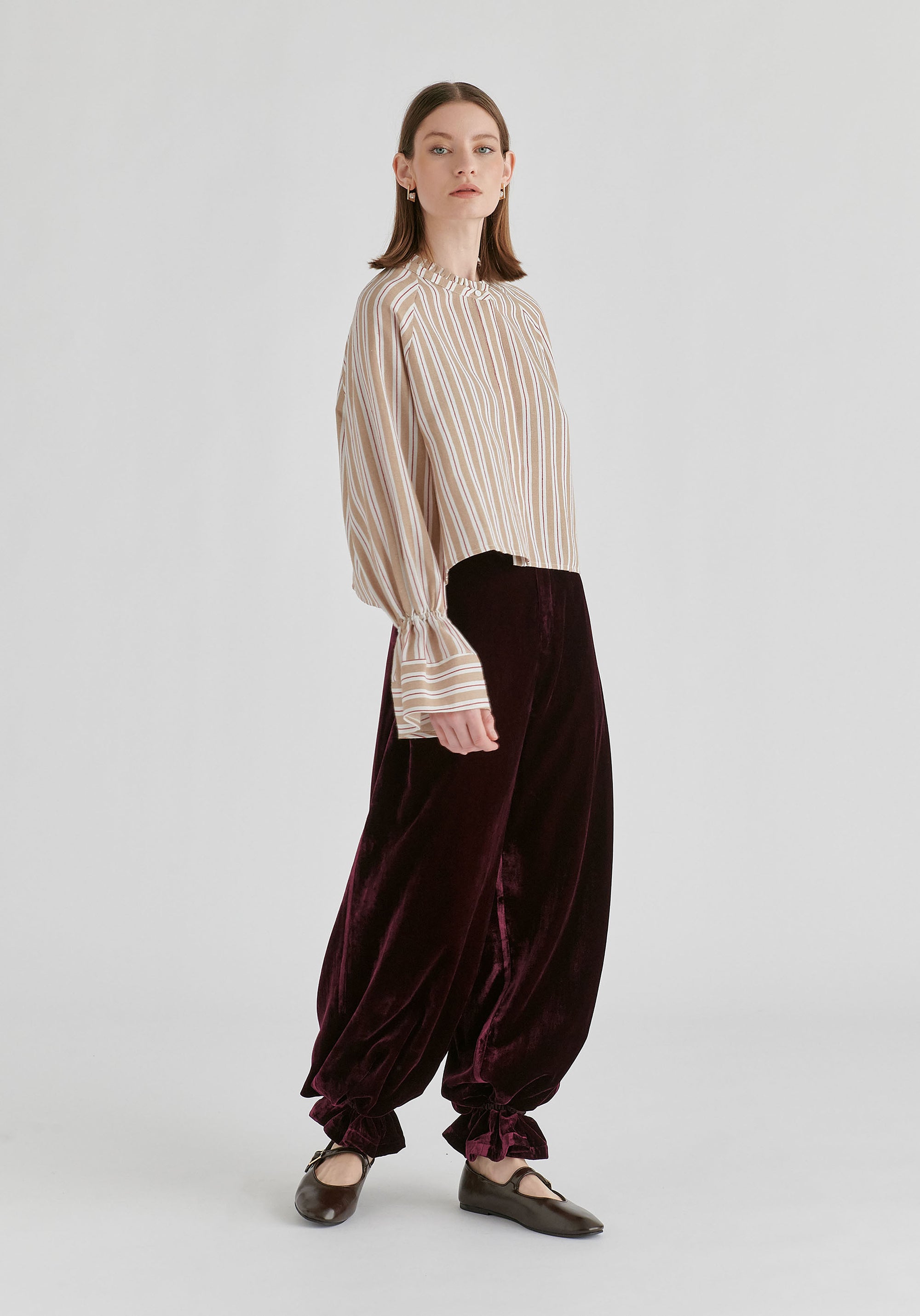 Ruffle Round Neck Blouse with Cinch Wrist Detail in Stripes