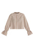 Ruffle Round Neck Blouse with Cinch Wrist Detail in Stripes
