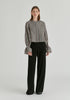 Ruffle Round Neck Blouse with Cinch Wrist Detail in Black Stripes Front