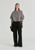 Ruffle Round Neck Blouse with Cinch Wrist Detail in Black Stripes Front