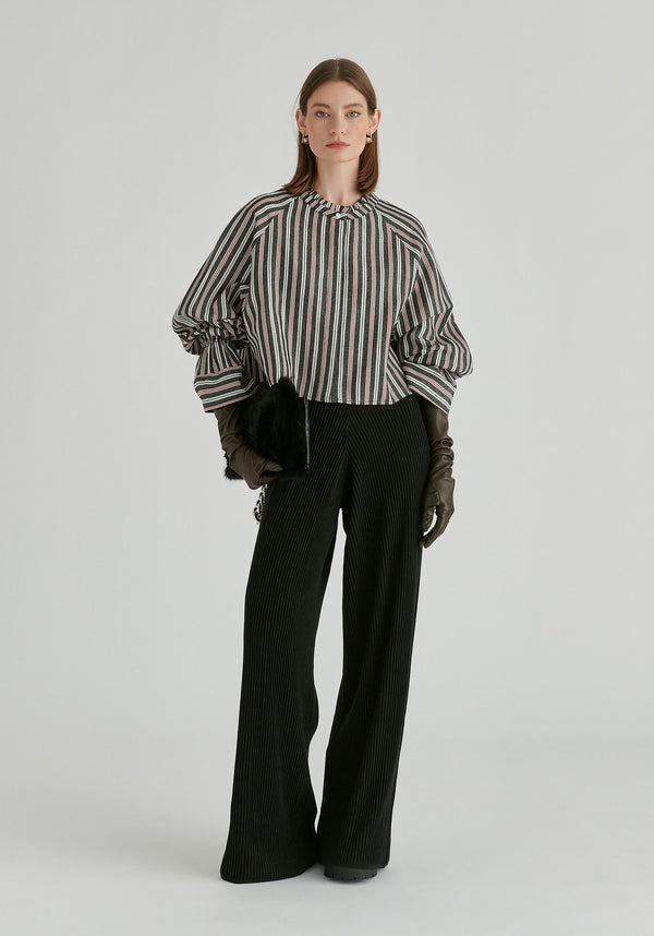 Ruffle Round Neck Blouse with Cinch Wrist Detail in Black Stripes Front