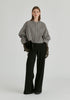 Ruffle Round Neck Blouse with Cinch Wrist Detail in Black Stripes Front