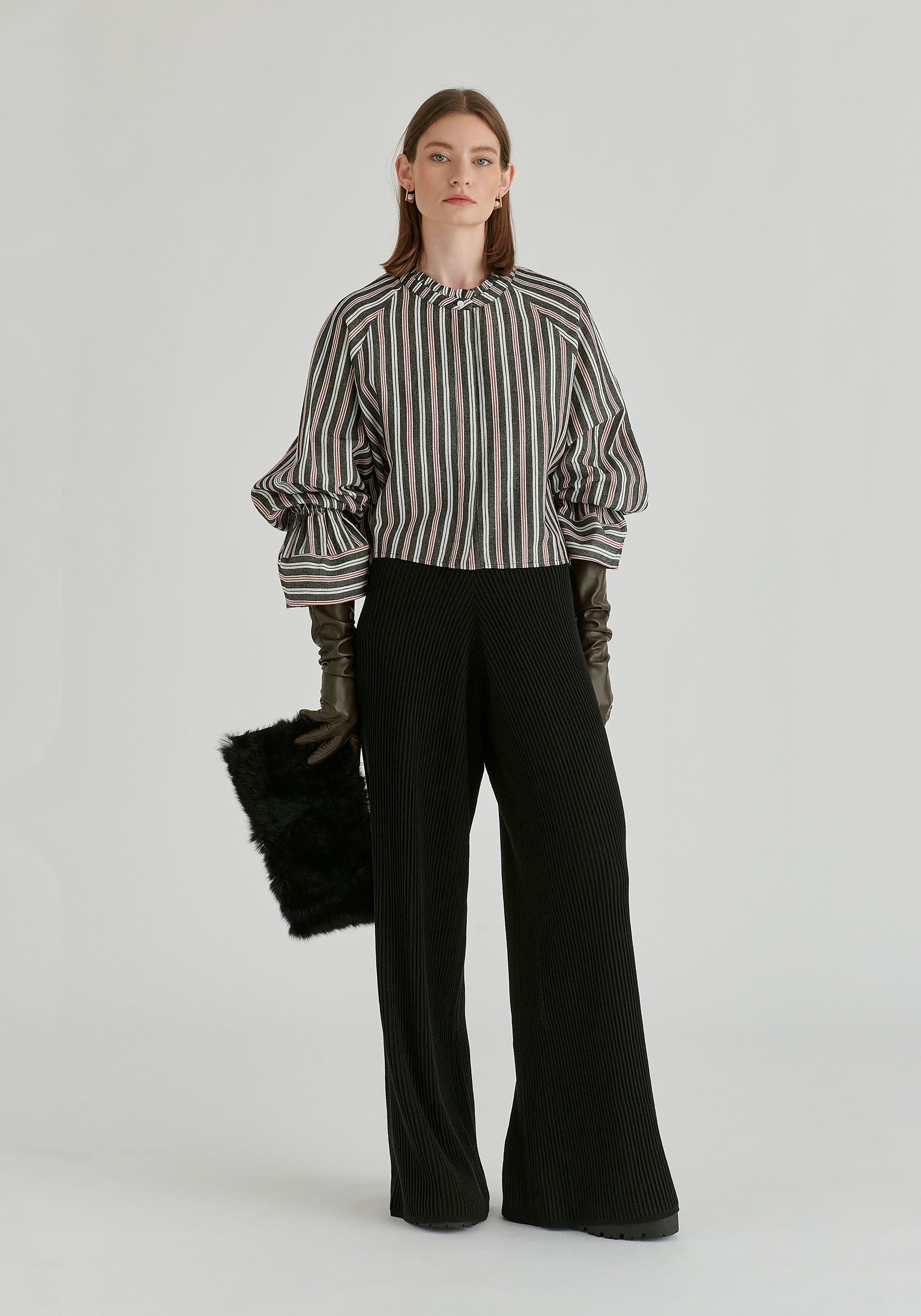 Ruffle Round Neck Blouse with Cinch Wrist Detail in Black Stripes Front