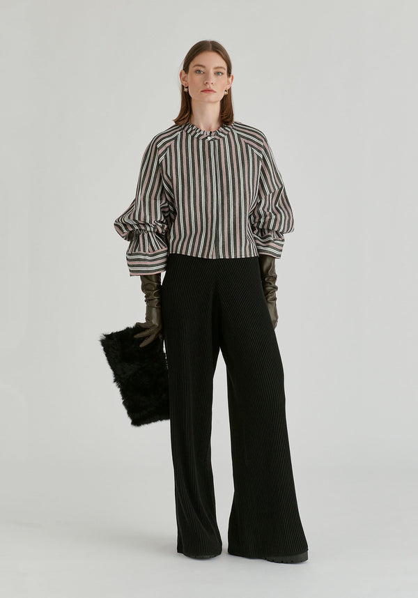 Ruffle Round Neck Blouse with Cinch Wrist Detail in Black Stripes Front