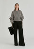 Ruffle Round Neck Blouse with Cinch Wrist Detail in Black Stripes Front