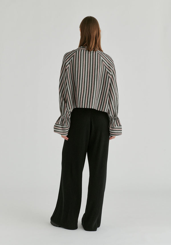 Ruffle Round Neck Blouse with Cinch Wrist Detail in Black Stripes Back