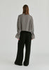 Ruffle Round Neck Blouse with Cinch Wrist Detail in Black Stripes Back