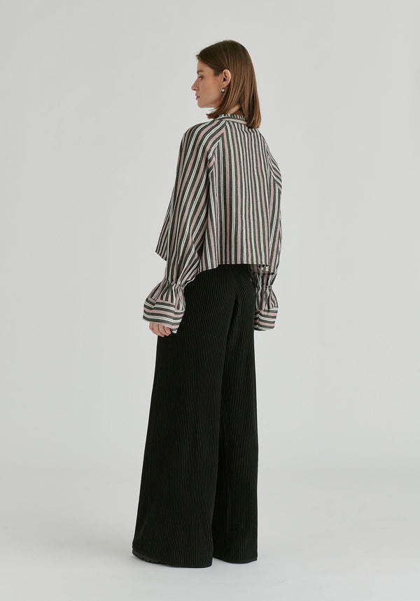 Ruffle Round Neck Blouse with Cinch Wrist Detail in Black Stripes Back