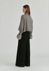 Ruffle Round Neck Blouse with Cinch Wrist Detail in Black Stripes Back