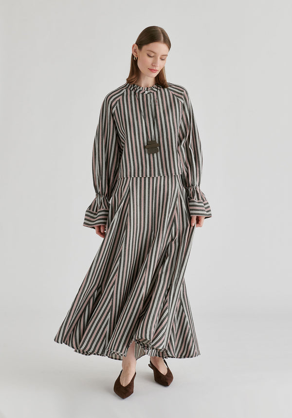 Ruffle Round Neck Blouse with Cinch Wrist Detail in Black Stripes Front