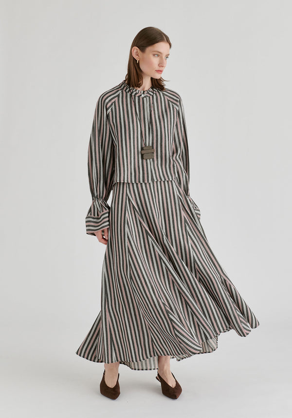 Ruffle Round Neck Blouse with Cinch Wrist Detail in Black Stripes Front