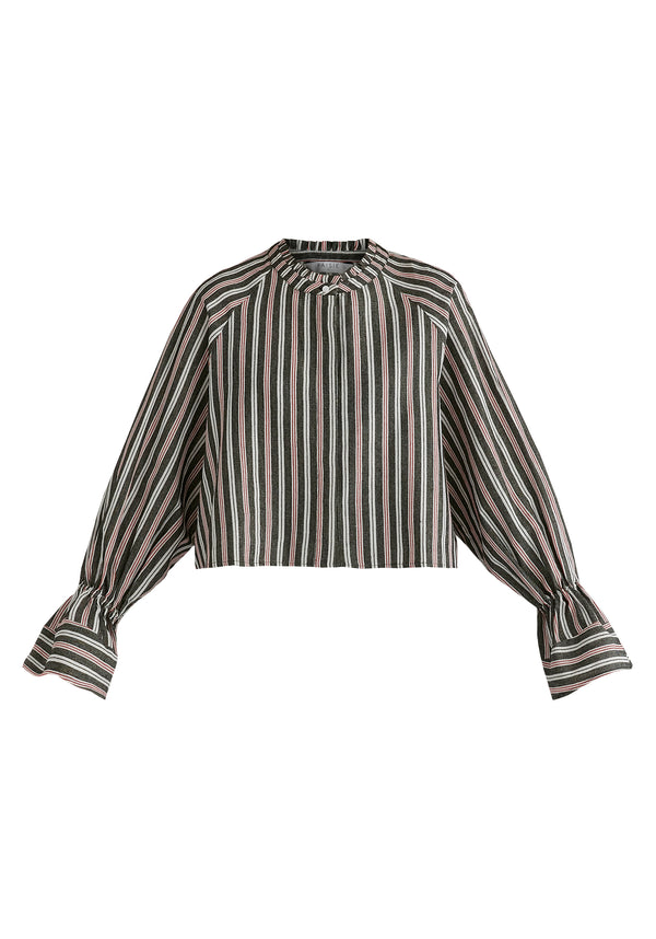 Ruffle Round Neck Blouse with Cinch Wrist Detail in Black Stripes Cutout
