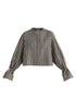 Ruffle Round Neck Blouse with Cinch Wrist Detail in Black Stripes Cutout
