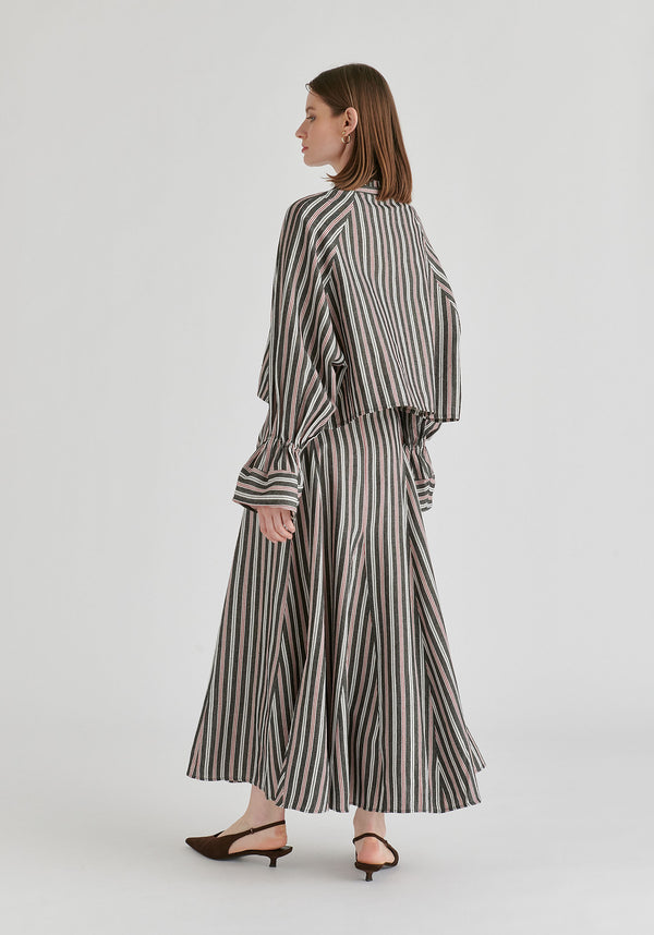 Ruffle Round Neck Blouse with Cinch Wrist Detail in Black Stripes Back