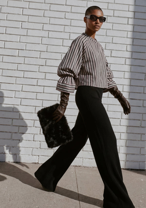 Ruffle Round Neck Blouse with Cinch Wrist Detail in Stripes
