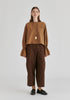 Ruffle Round Neck Blouse with Cinch Wrist Detail in Brown Front