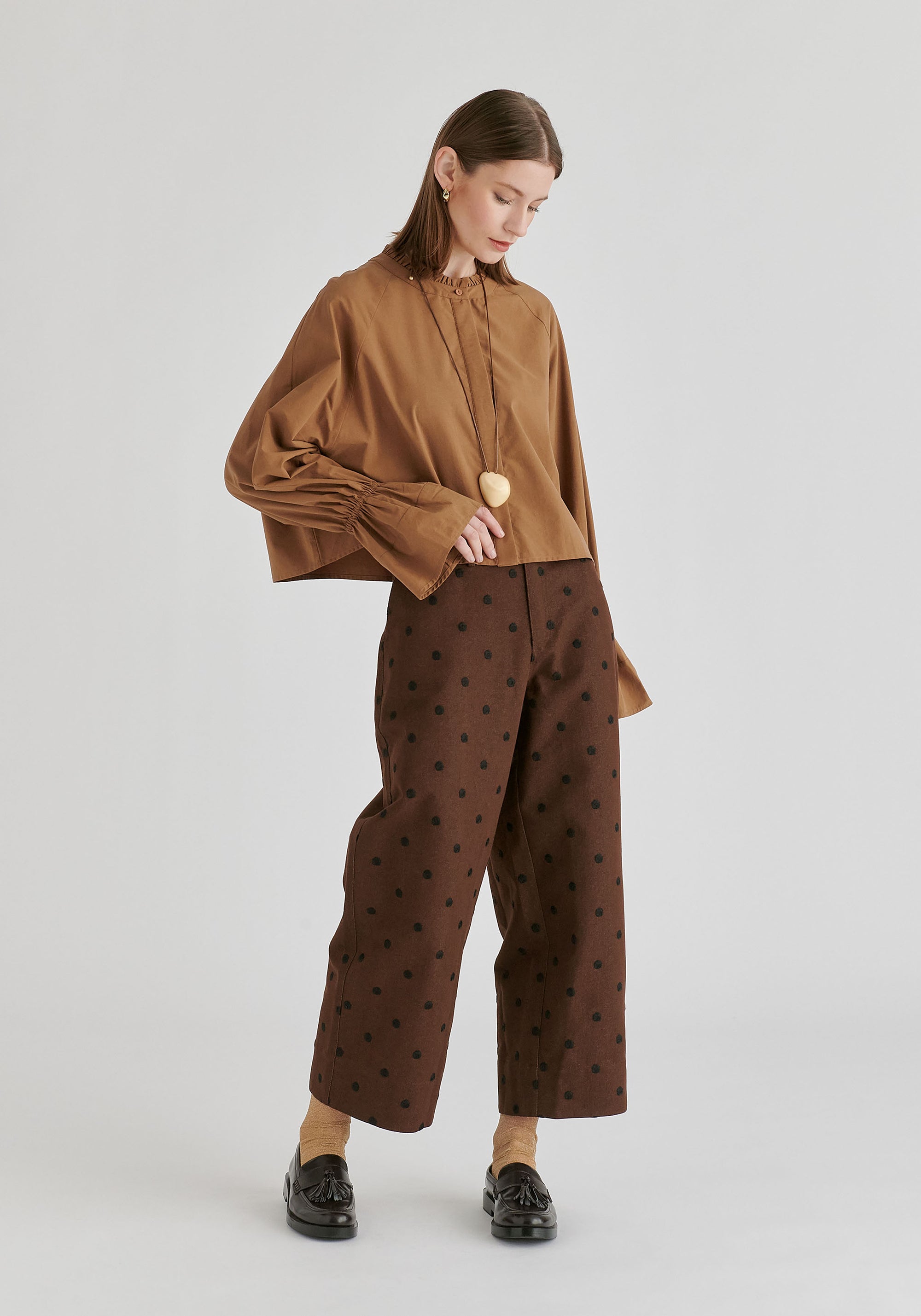 Ruffle Round Neck Blouse with Cinch Wrist Detail