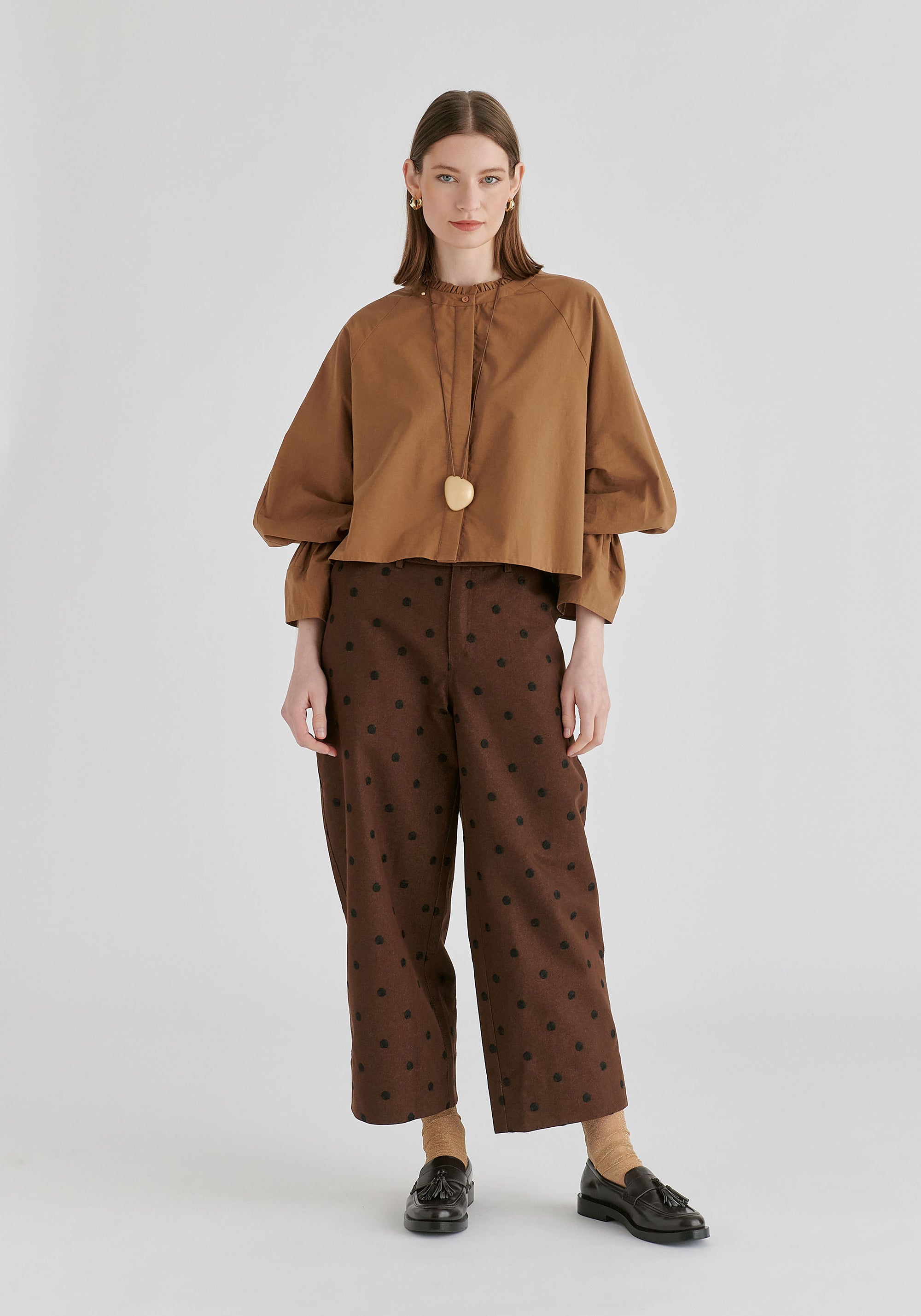 Ruffle Round Neck Blouse with Cinch Wrist Detail