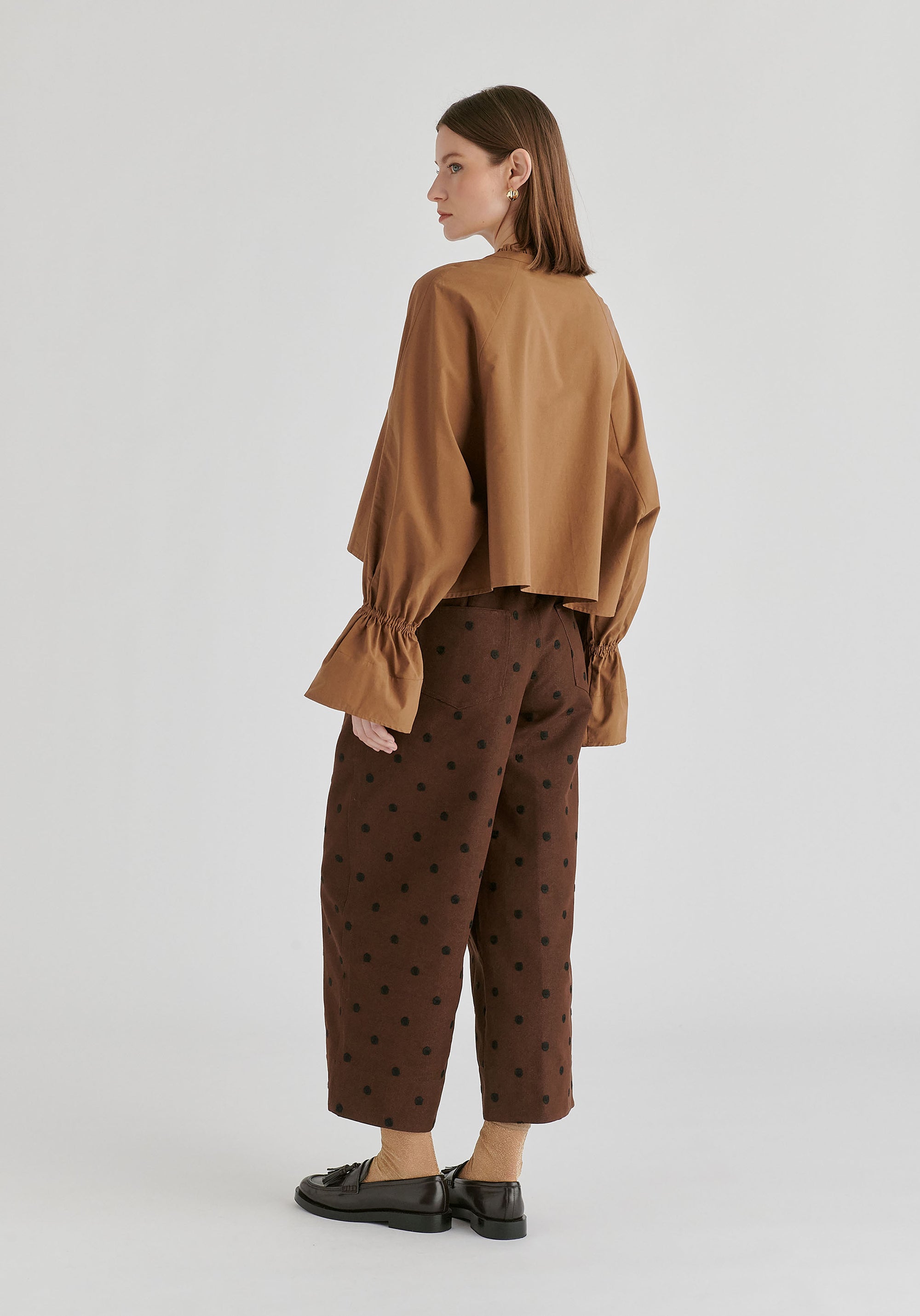 Ruffle Round Neck Blouse with Cinch Wrist Detail