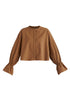 Ruffle Round Neck Blouse with Cinch Wrist Detail in Brown Cutout