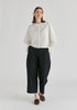 Ruffle Round Neck Blouse with Cinch Wrist Detail in White Front