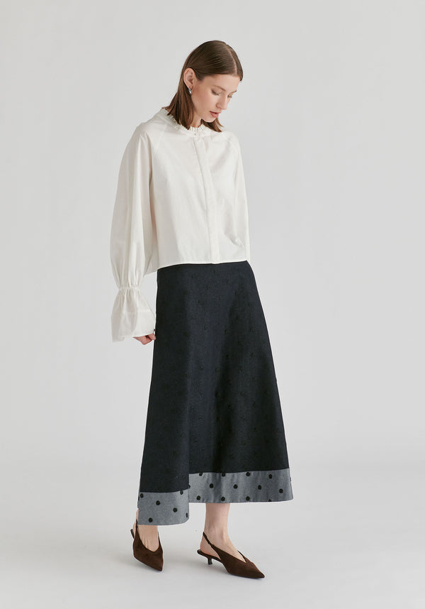 Ruffle Round Neck Blouse with Cinch Wrist Detail in White Side