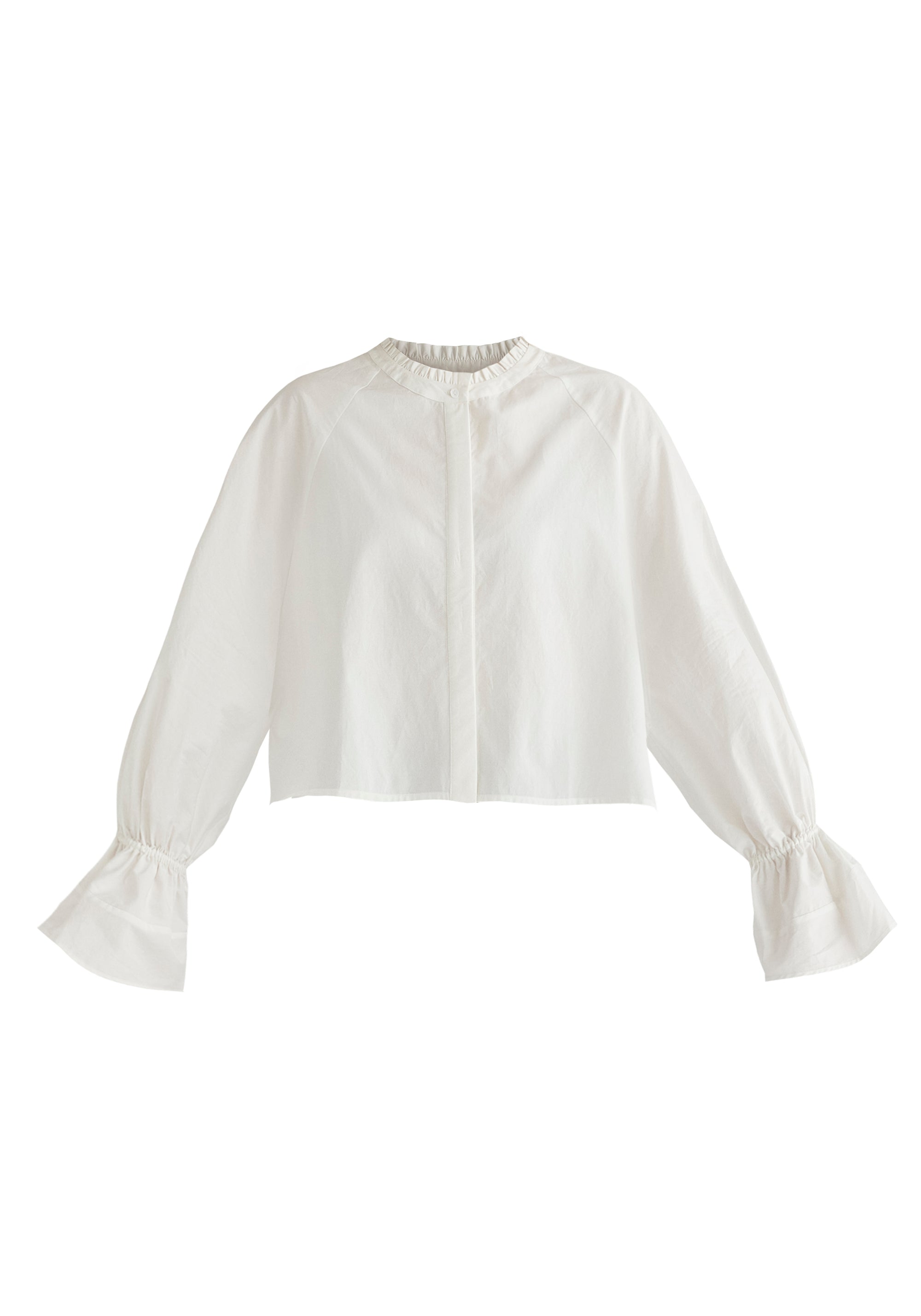 Ruffle Round Neck Blouse with Cinch Wrist Detail in White Cutout