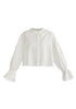 Ruffle Round Neck Blouse with Cinch Wrist Detail in White Cutout