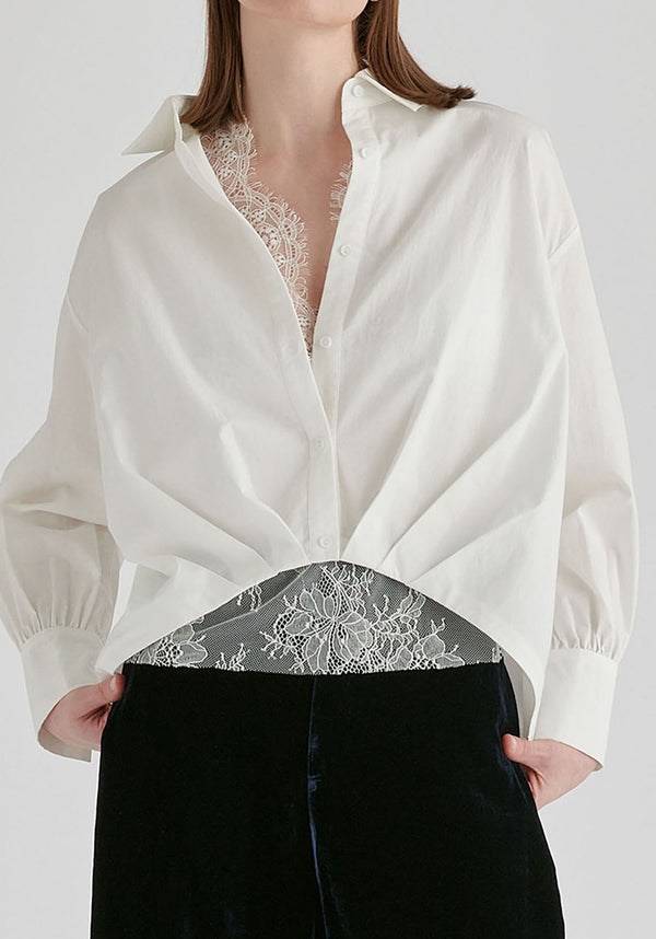 2-Piece Pleated Waist Shirt Set with Lace Cami Underlay in White Closeup