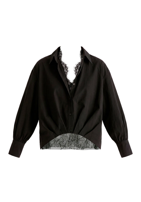 2-Piece Pleated Waist Shirt Set with Lace Cami Underlay