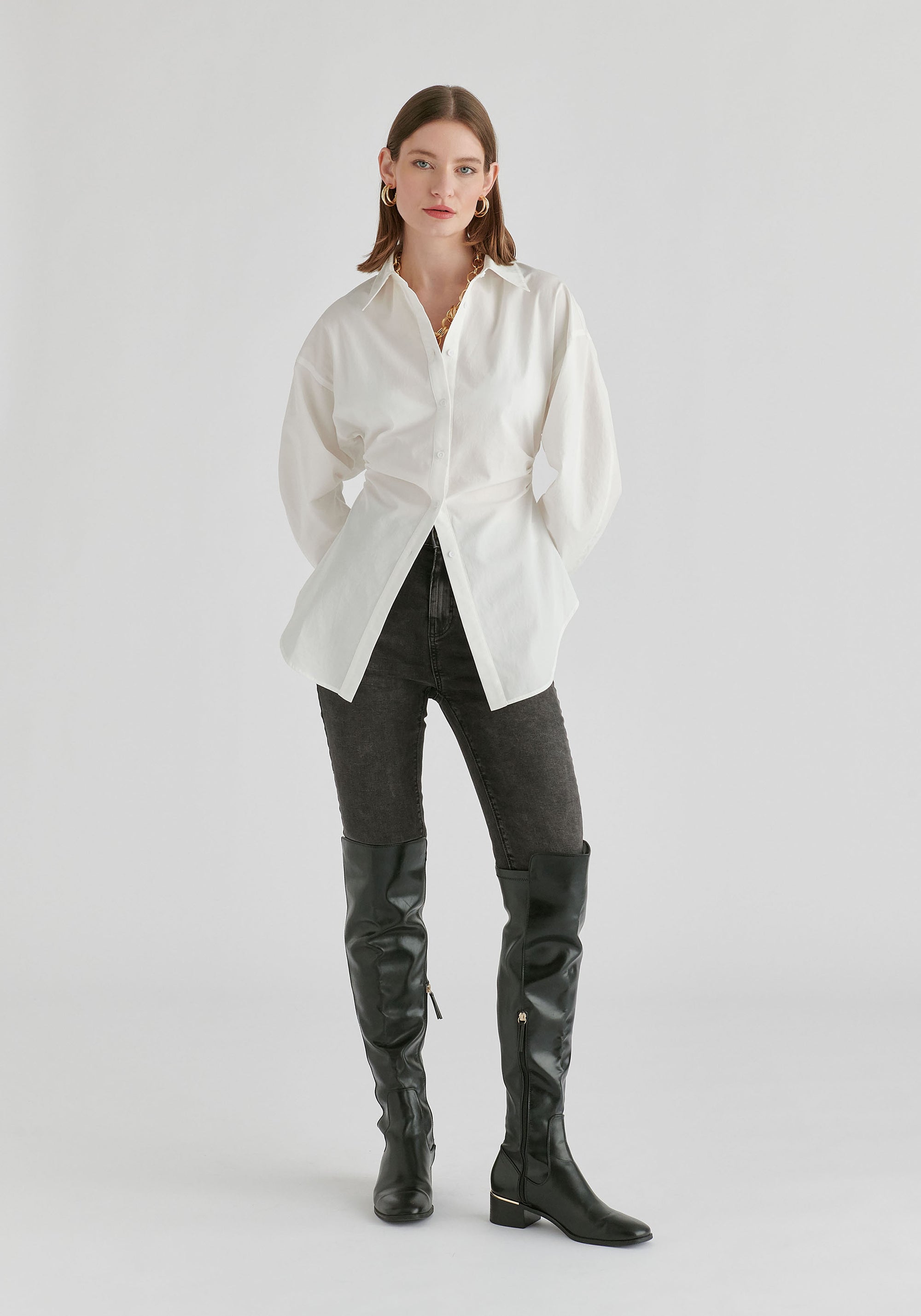 Sculptural Ruched Waist Shirt with Volume Sleeves