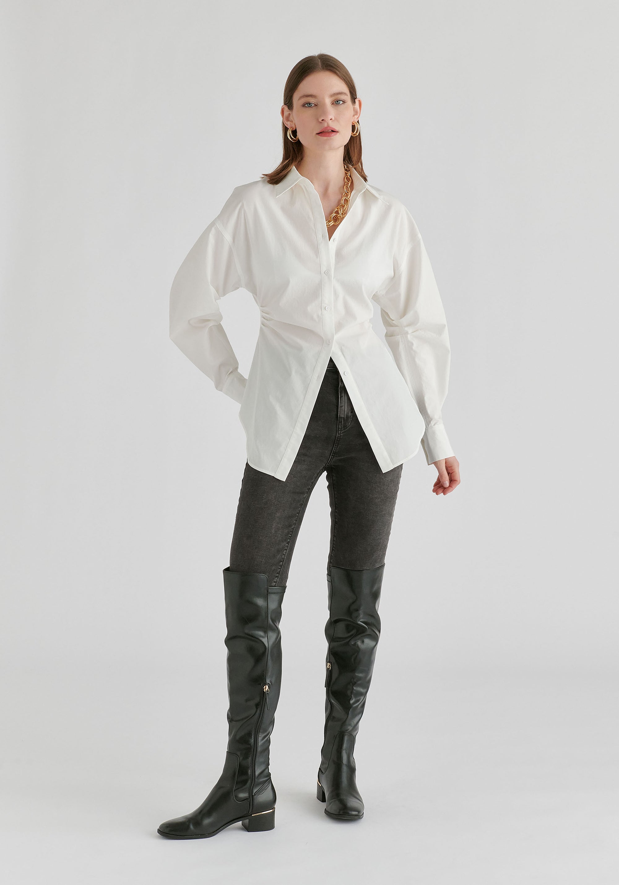 Sculptural Ruched Waist Shirt with Volume Sleeves