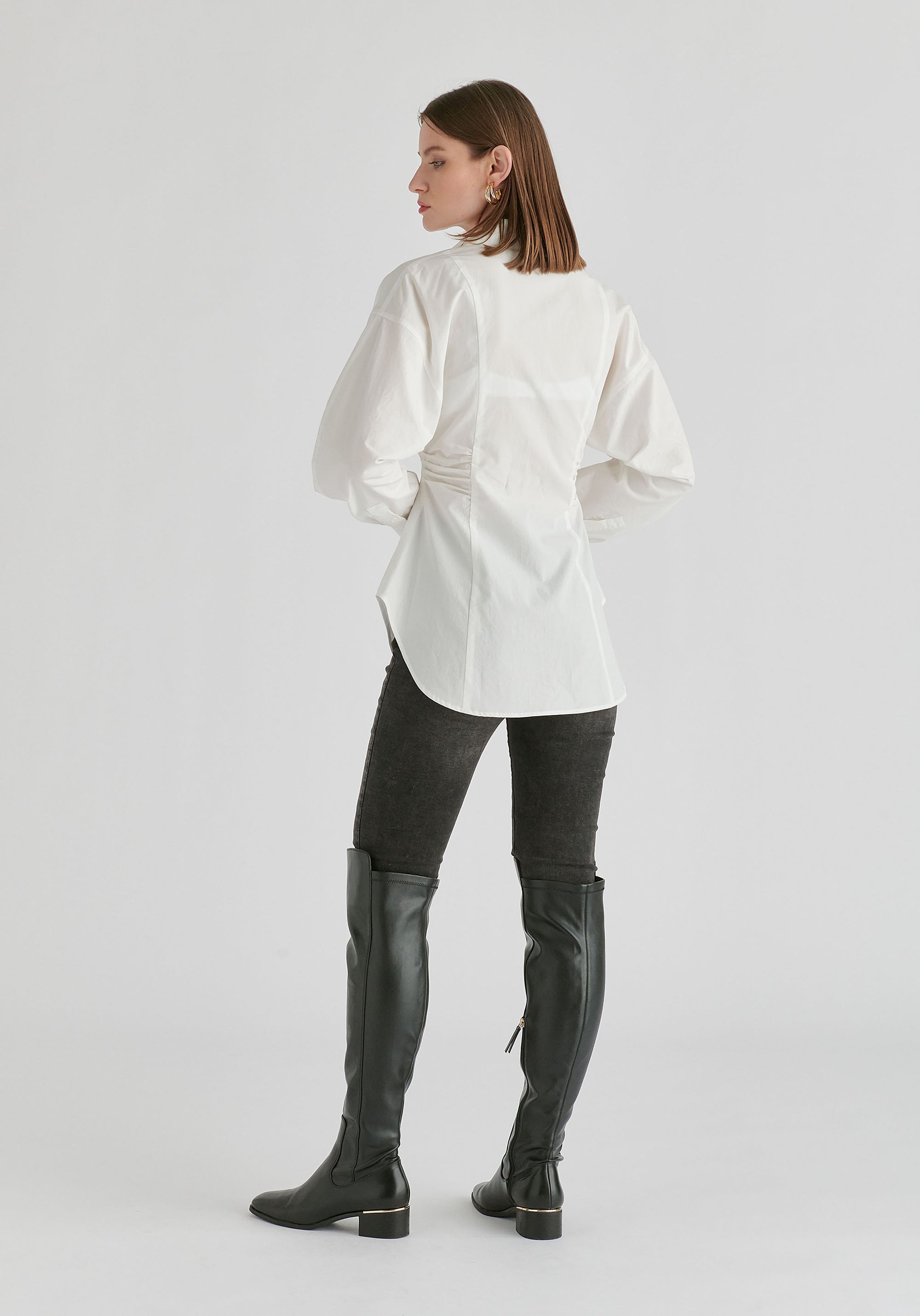 Sculptural Ruched Waist Shirt with Volume Sleeves