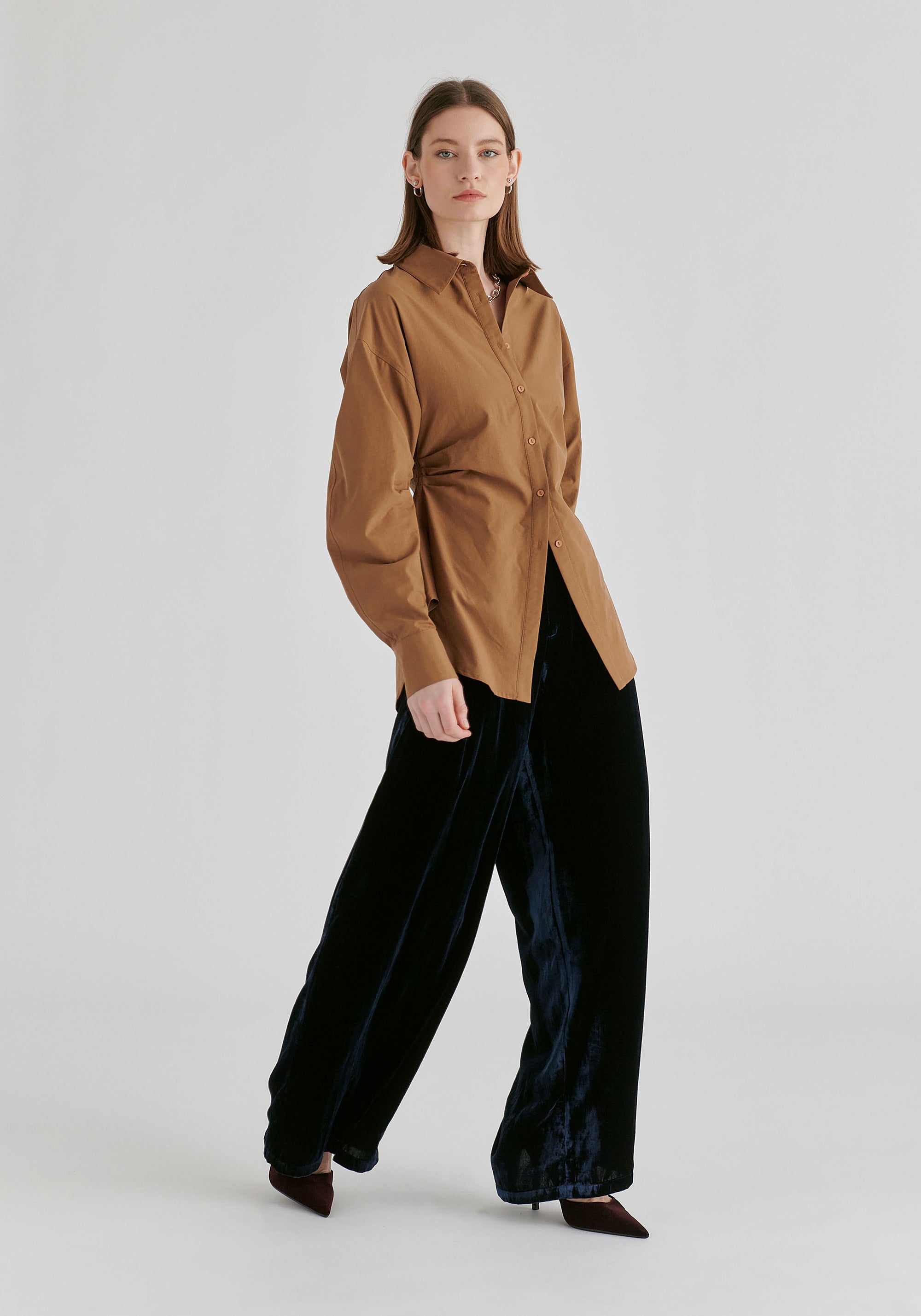 Sculptural Ruched Waist Shirt with Volume Sleeves in Brown Side
