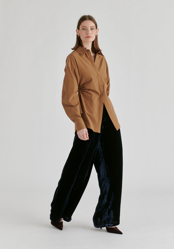 Sculptural Ruched Waist Shirt with Volume Sleeves in Brown Side