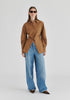 Sculptural Ruched Waist Shirt with Volume Sleeves in Brown Front