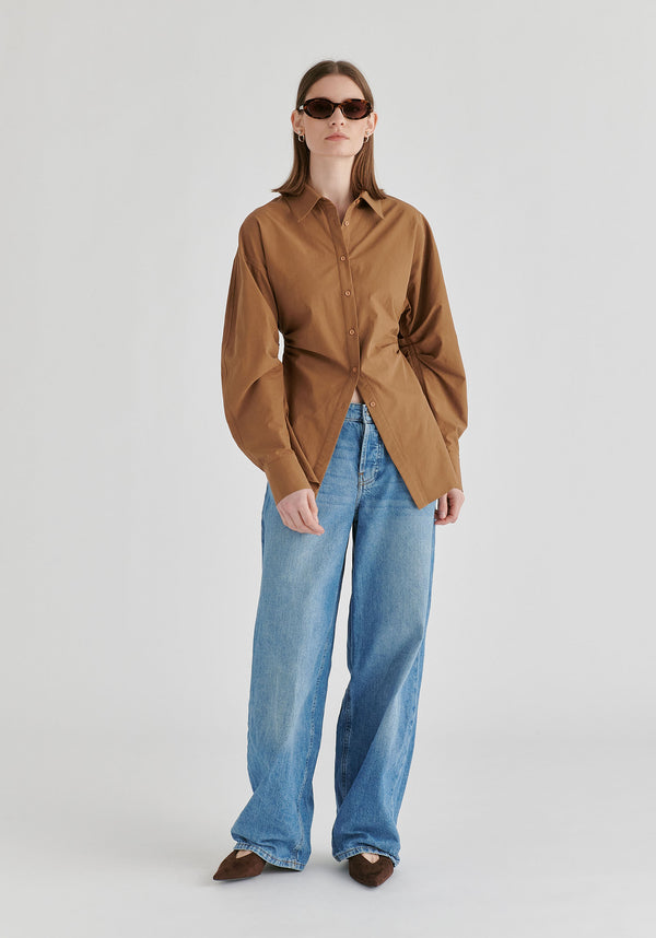 Sculptural Ruched Waist Shirt with Volume Sleeves in Brown Front