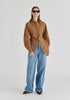 Sculptural Ruched Waist Shirt with Volume Sleeves in Brown Front