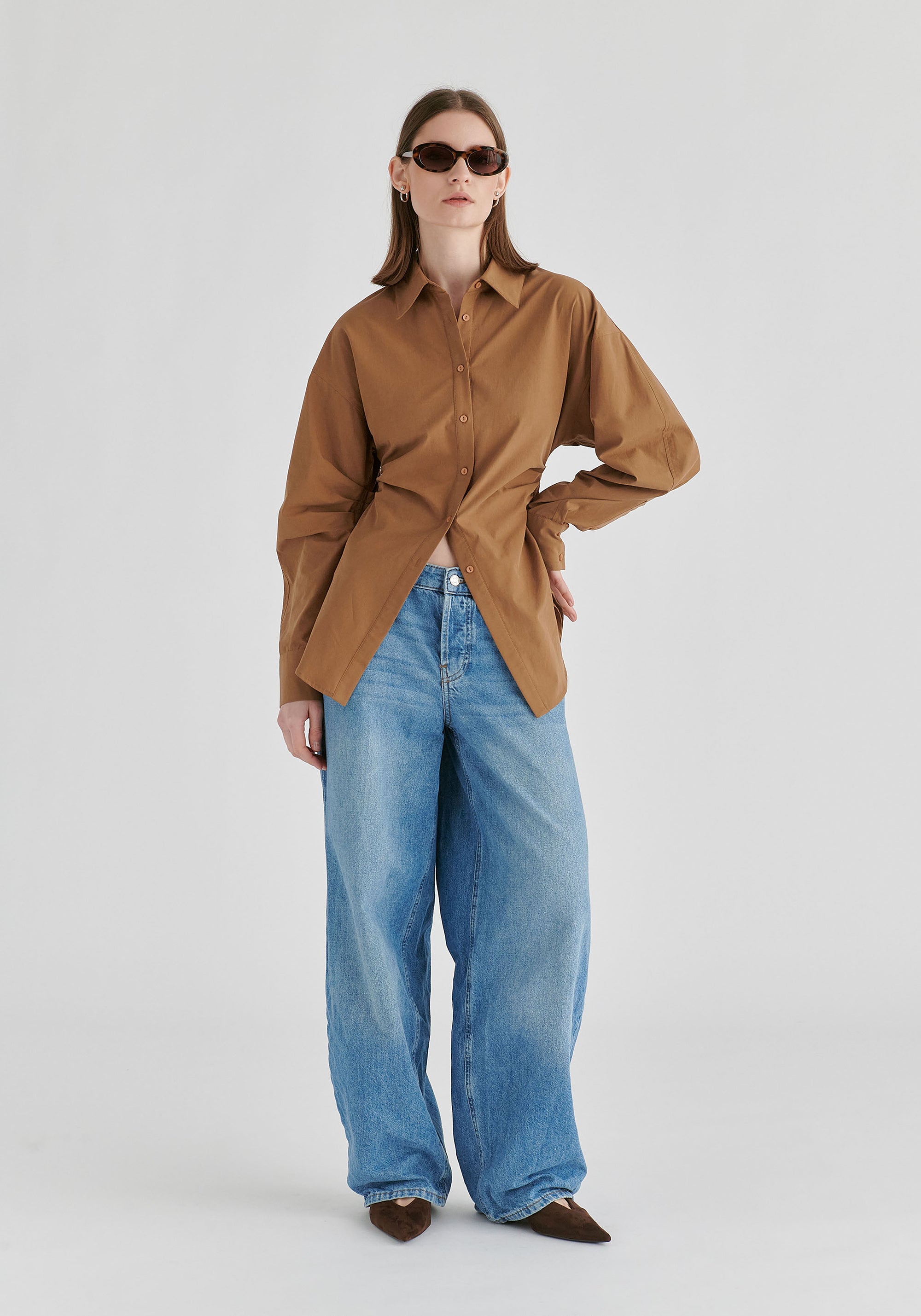 Sculptural Ruched Waist Shirt with Volume Sleeves in Brown Front
