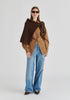 Sculptural Ruched Waist Shirt with Volume Sleeves in Brown Front