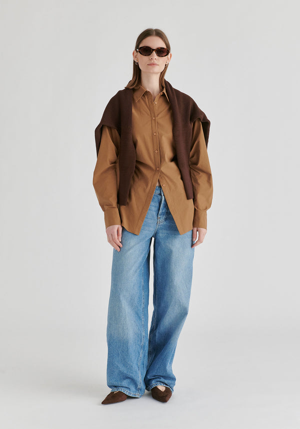 Sculptural Ruched Waist Shirt with Volume Sleeves in Brown Front