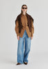 Sculptural Ruched Waist Shirt with Volume Sleeves in Brown Front