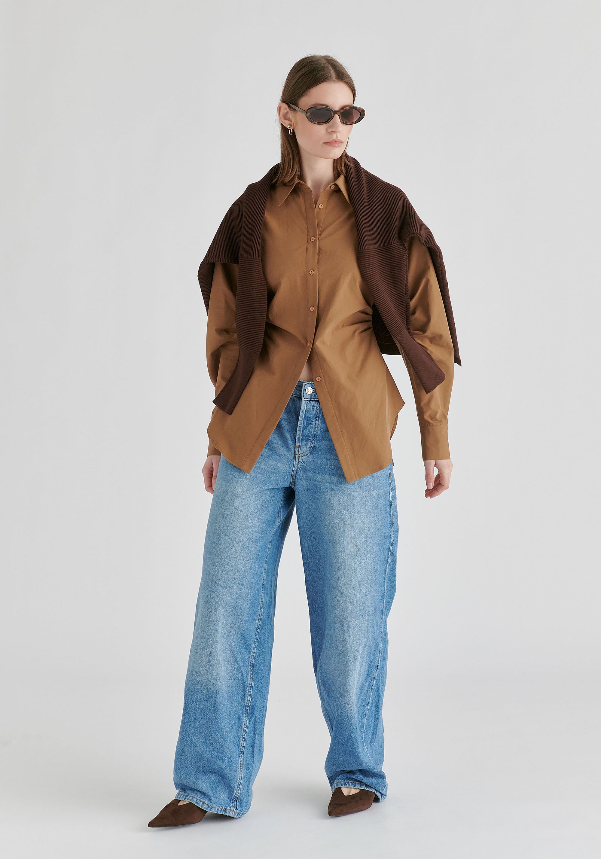 Sculptural Ruched Waist Shirt with Volume Sleeves in Brown Side