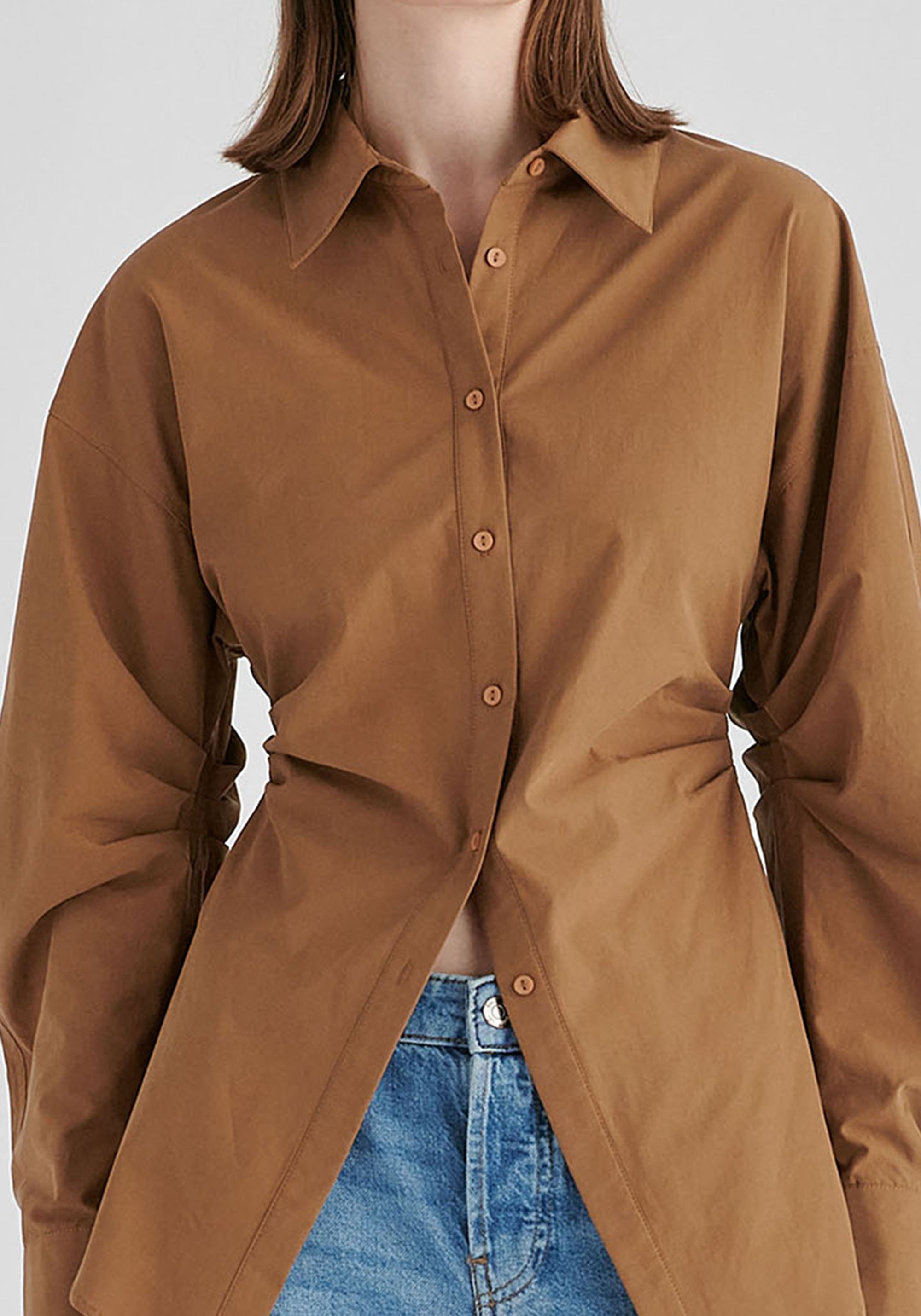 Sculptural Ruched Waist Shirt with Volume Sleeves in Brown Closeup